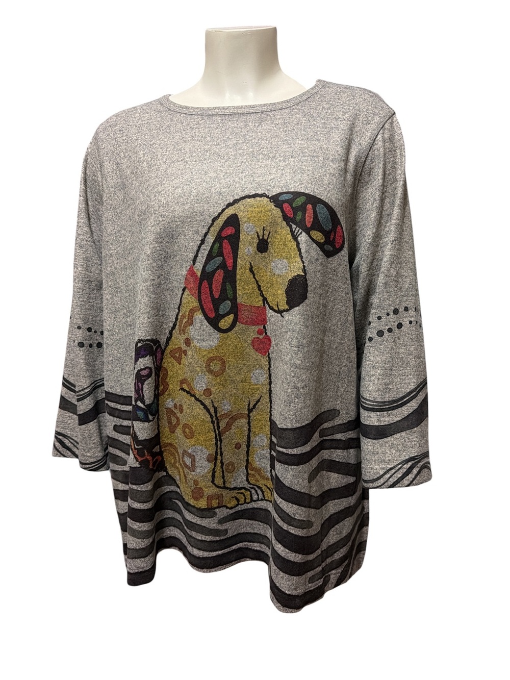 Ali Miles 2X Gray Whimsical Dog Graphic Tunic Top 3/4 Sleeve Stretch - Picture 2 of 9